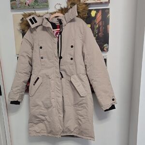 Women's Tan Ski Jacket with Faux Fur Hood